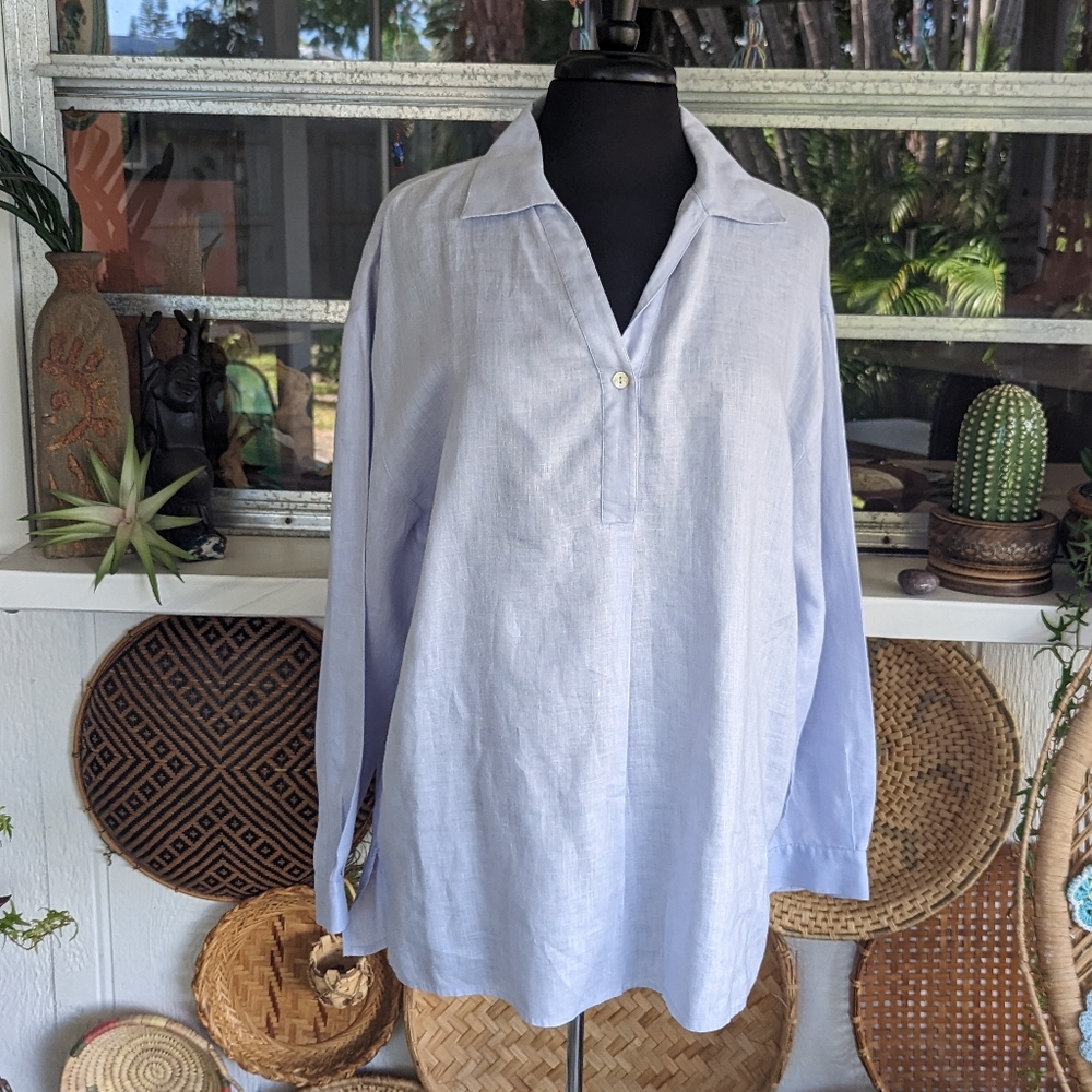 Garnet Hill Linen Tunic Light Blue Sz 14 Coastal Grandma Aesthetic Luxury Shirt